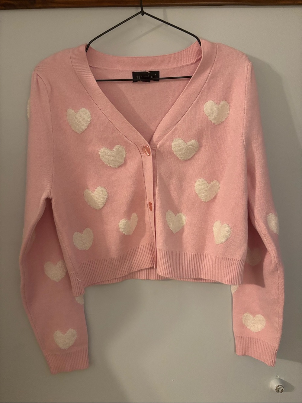 Say What? Pink Cardigan with white Heart Pattern